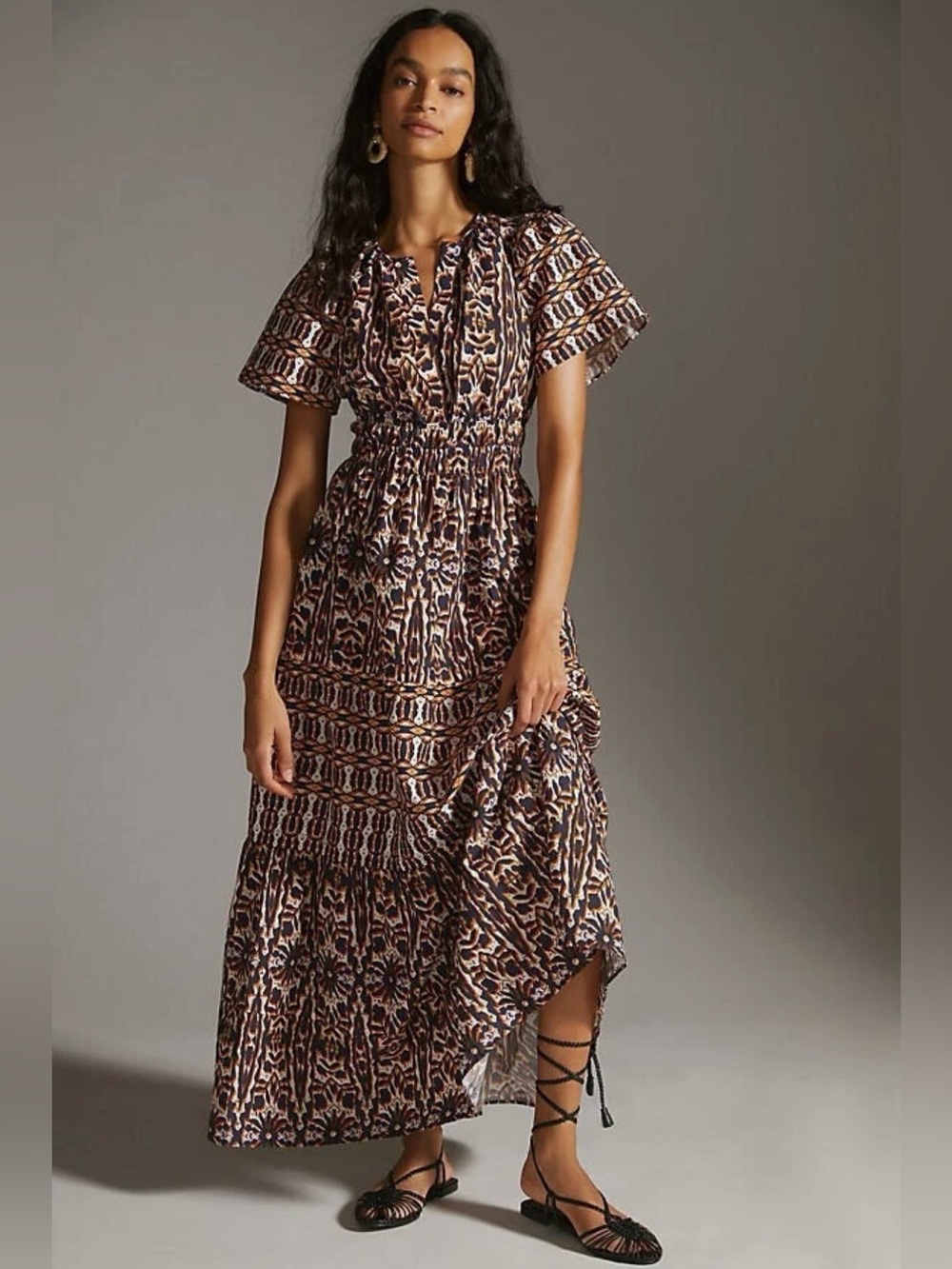 Anthropologie Maeve Viral Somerset Dress in orange and navy geo print. Like new